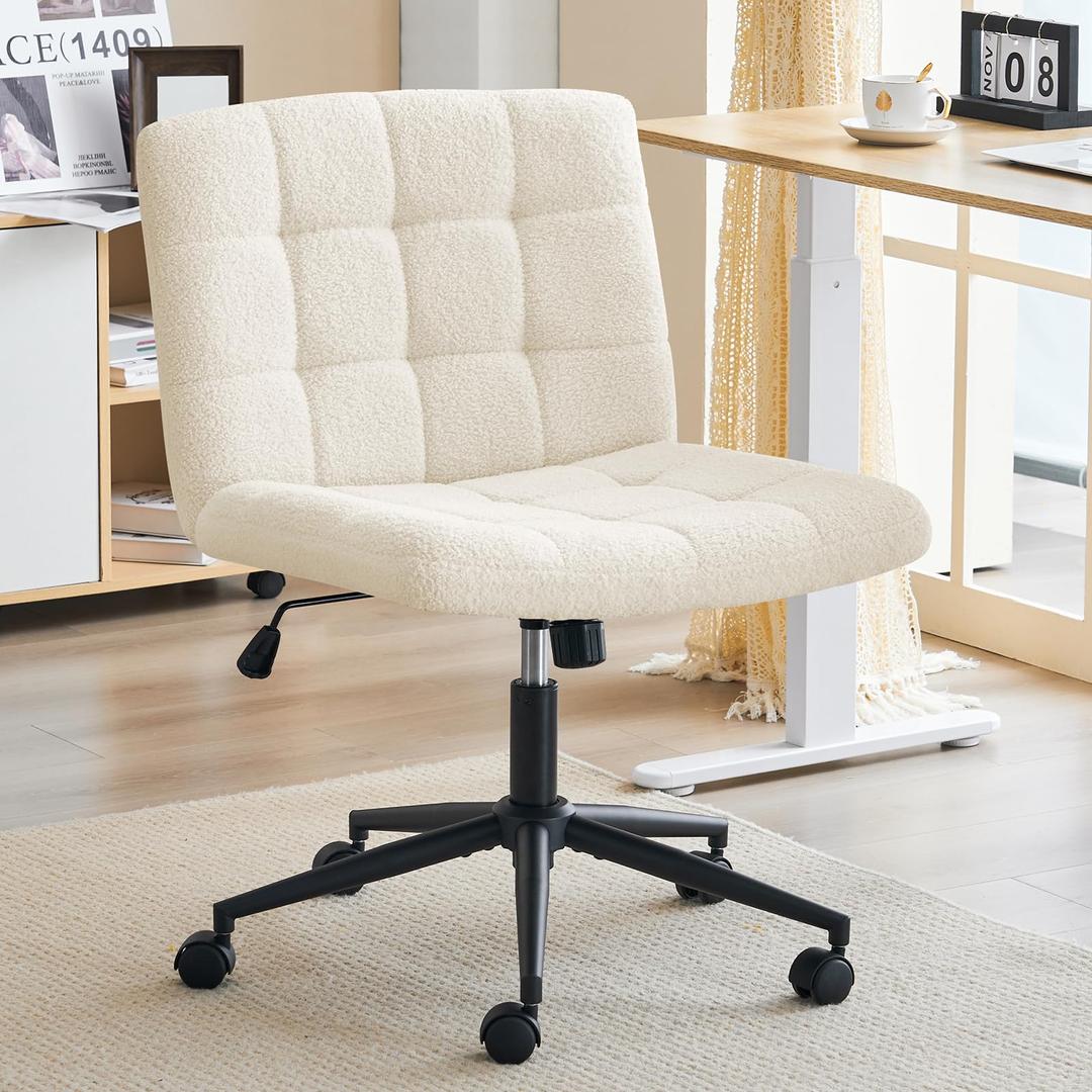 Furnimart Swivel Criss Cross Legged Chair with Wheels for Home Office, Wide Armless Desk Chair Height Adjustable Comfy Seat for Desk,Vanity, Bedroom, Faux Fur White