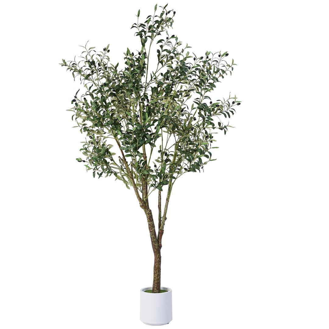 Artificial Olive Tree 7FT, Indoor Fake Silk Plant with Realistic Trunk, Leaves, Fruits and White Planter, Faux Potted Tree for Home Decor and Housewarming Gift, 1 Pack