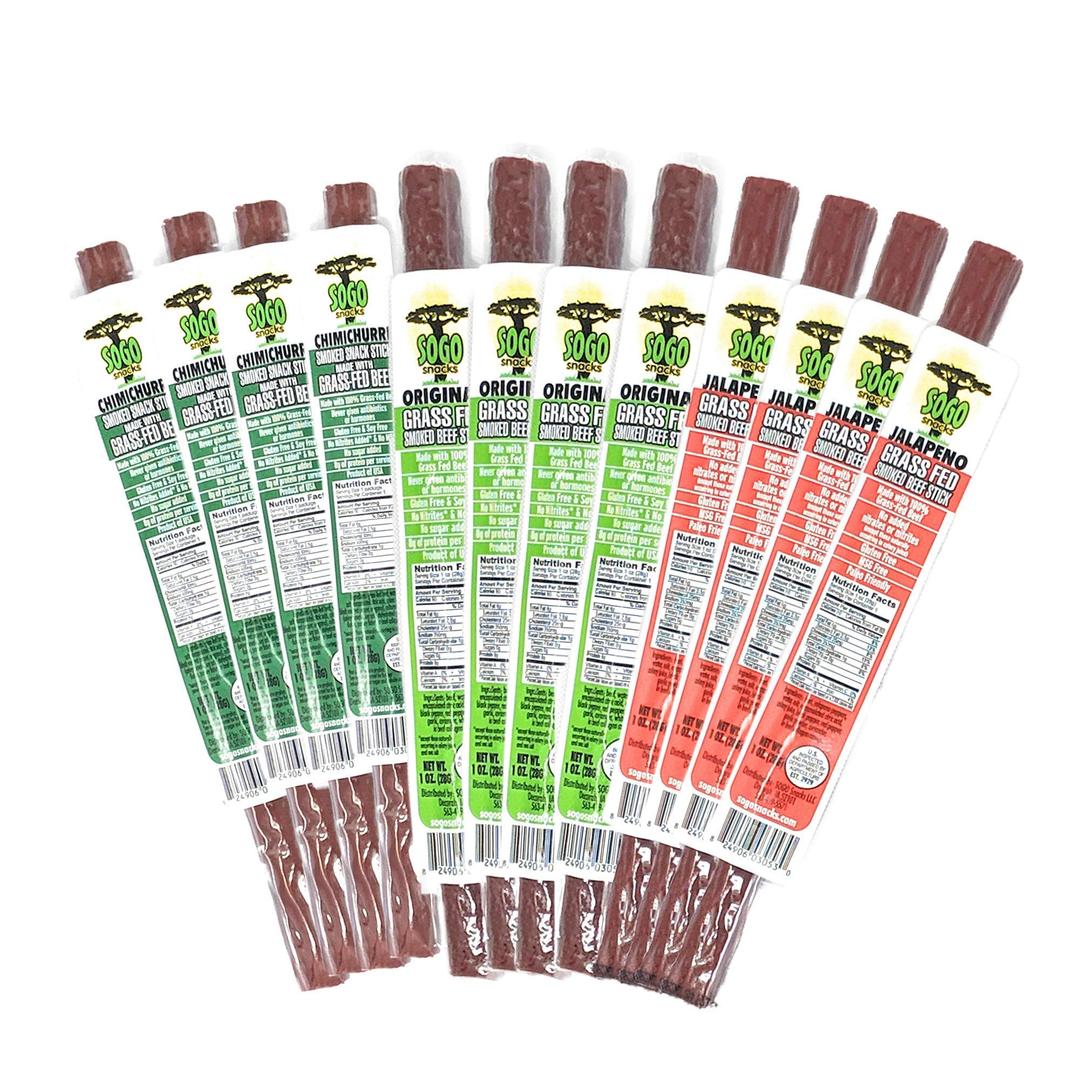 Sugar-Free Beef Jerky Variety Pack, 100% Grass Fed Beef Sticks. Non-GMO. No Added Nitrates, Gluten, Soy, MSG, Dairy or Nuts. Paleo, Whole30, Keto Snack. (4 Original, 4 Chimichurri, 4 Jalapeno, 12-Cnt)