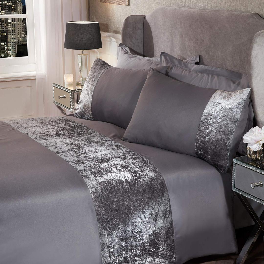 Sienna Crushed Velvet Panel Band Duvet Cover with Pillow Case Bedding Set - Silver Grey, Single