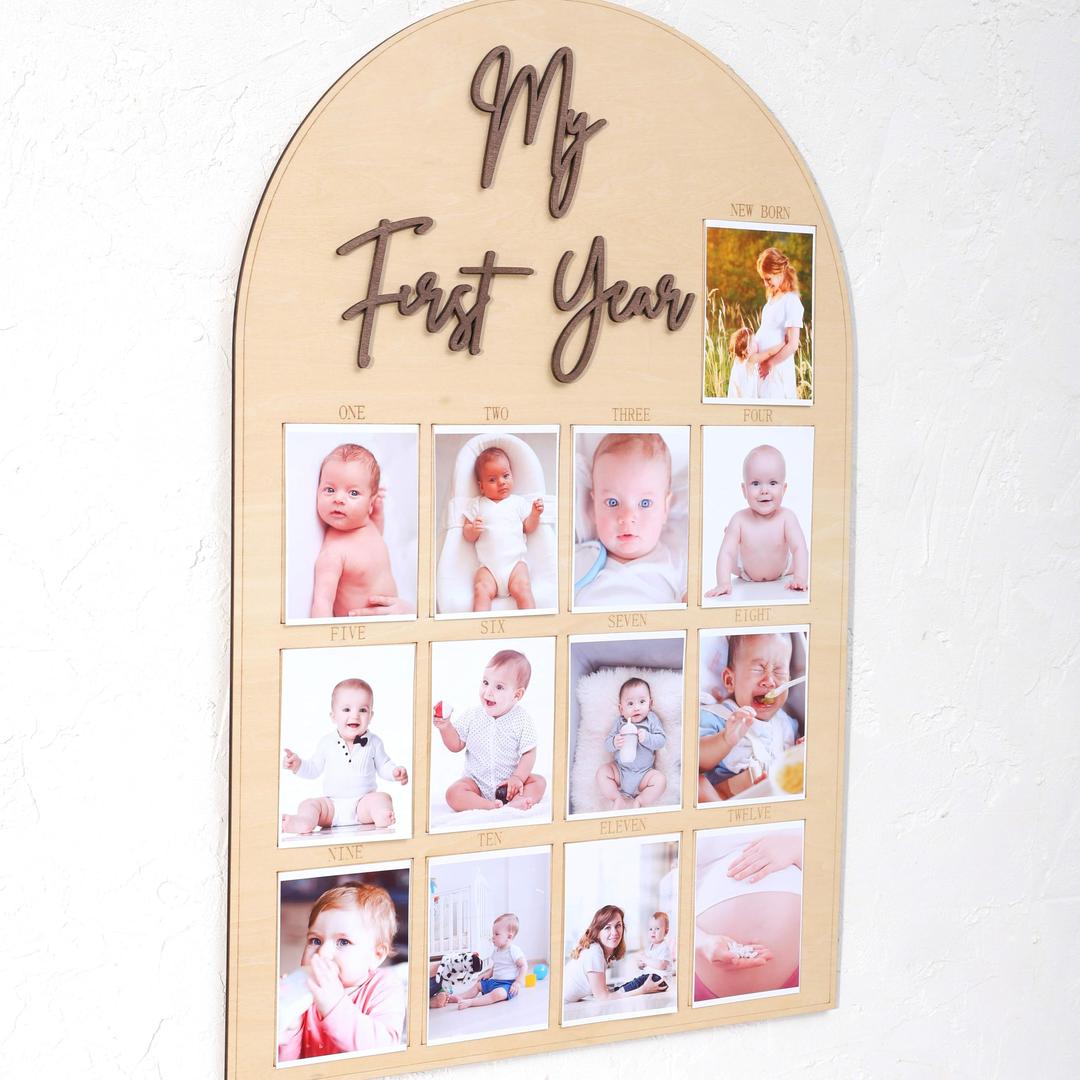 One Year of Wood Photo Board - My First Year Month Photo Board,Girl/Boy 1st Birthday Decorations,Wood Photo Board,Milestone Board,12 Months Photo Banner