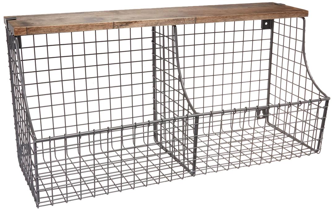 Spectrum Diversified Vintage Double Bin Wall-Mounted Wire Basket & Wood Shelf, Farmhouse Style Entryway Storage & Organization, Industrial Gray