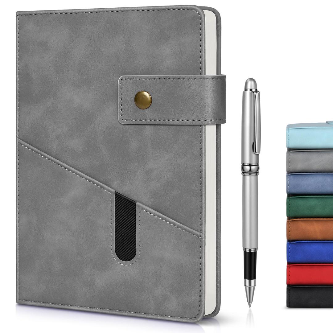 Grey A5 Lined Leather Journal Notebook for Men Women,5.9 X 8.4" Personalized Hardcover Journal with Pen,200 Pages 100 Gsm Thick Ruled Paper Daily Diary for School,Travel,Business,Work,Home Writing