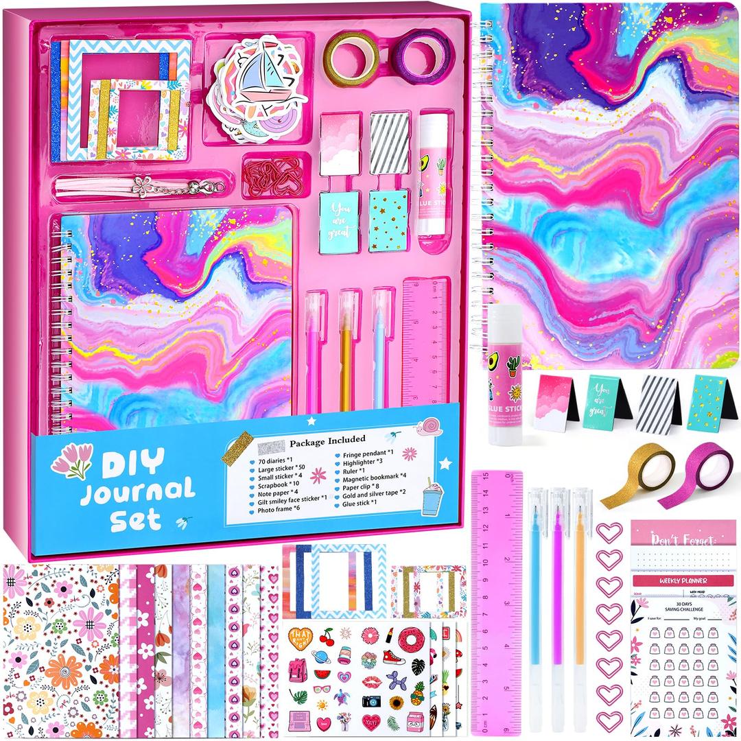 TUZT DIY Journal Kit for Girls Kids - 220pcs+ Teen Girl Gifts, Scrapbook & Stationary Diary Supplies Set, Cute Journaling Art Crafts Tween Girl Toys Birthday Gift Ideas for 8 9 10 11 12 13 14 Year Old