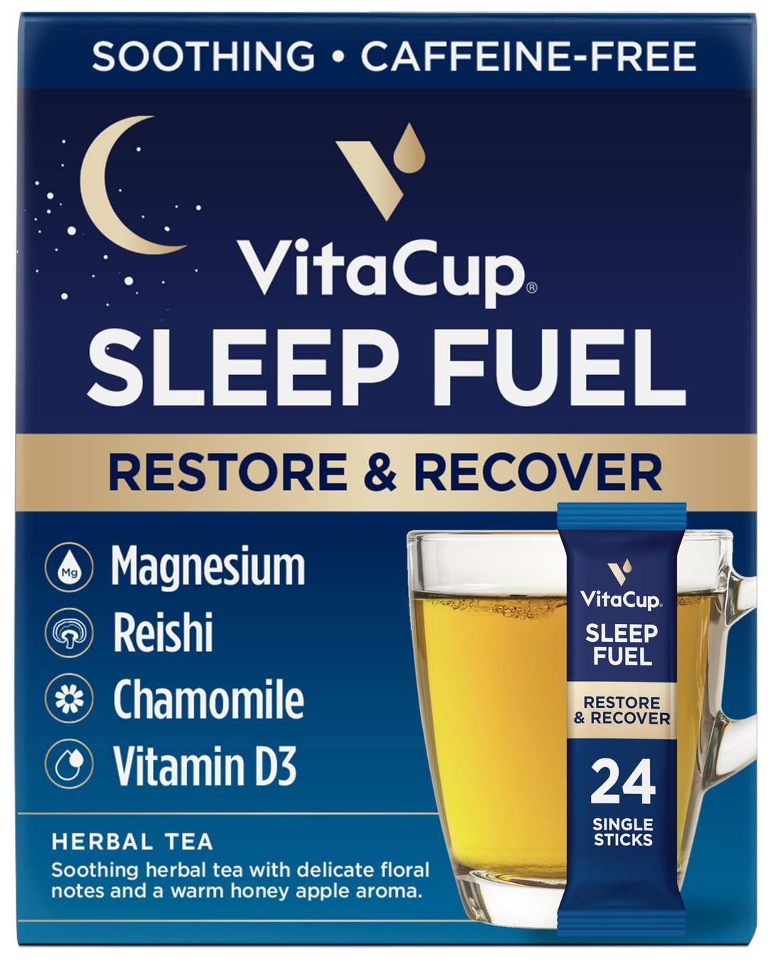 VitaCupSleep Fuel Instant Tea Packets for Deep REM Sleep, Relax & De-Stress w/Chamomile Tea, Magnesium, Vitamin D3, Coconut Water, Coconut Milk, Potassium, Calming Tea for Full Body Relaxation, 24Ct