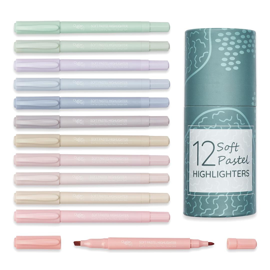 Oyster&Pop Soft Pastel Highlighters | 12 Pcs Mild Assorted Colours | Office & Aesthetic School Supplies | Bible Journaling Supplies | Quick Dry No Bleed Dual Tip Cute Markers | Giftable Pen Pot