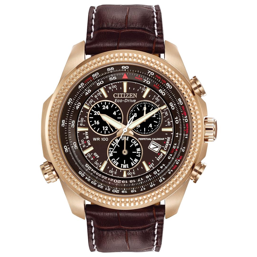 Citizen Men's Eco-Drive Weekender Brycen Chronograph Watch in Gold-tone Stainless Steel, Brown Leather strap (Model: BL5403-03X)