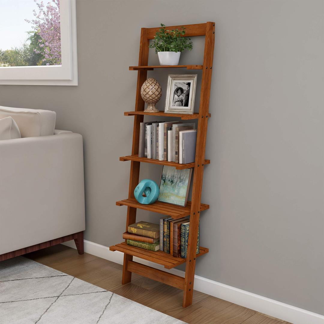 5-Tier Bookshelf - Leaning Ladder Shelf - Decorative Book Shelves for Bedroom, Living Room, or Kitchen Decor and Storage by Lavish Home (Cherry)