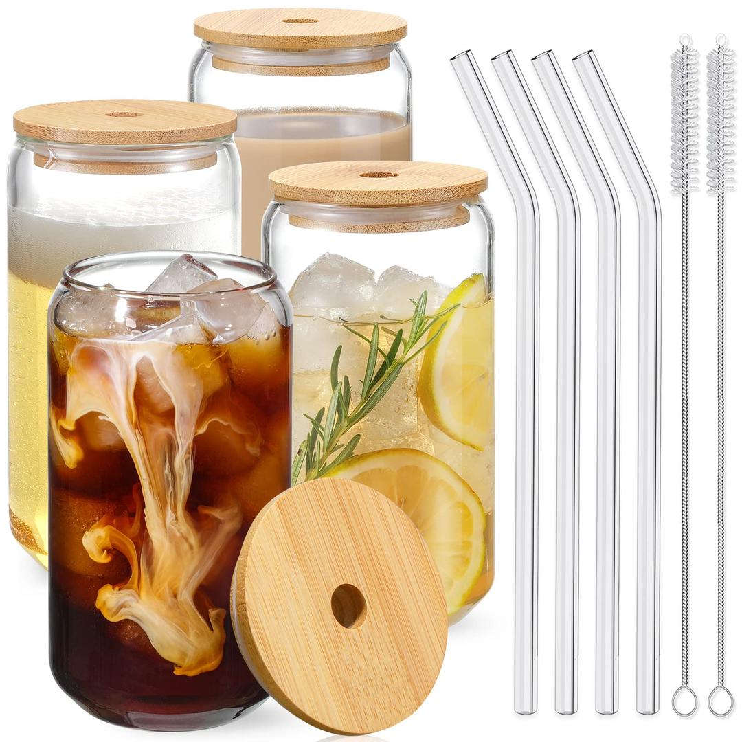 HOOJO Drinking Glasses with Bamboo Lids and Glass Straw 4pcs Set - 16oz Can Shaped Glass Cups, Mocktail Glasses, Iced Coffee Glasses, Cute Tumbler Cup, Ideal for Cocktail,Gift - 2 Cleaning Brushes