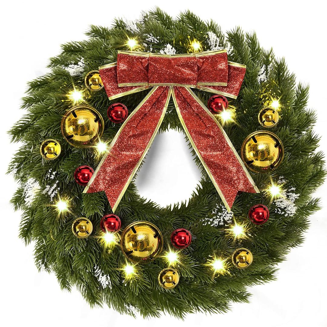 YoleShy 17 Inch Pre-lit Christmas Wreath with Hanger & Bow & Bells Battery Operated Christmas Wreath Christmas Decorations for Window, Front Door, Wall Decor, Fireplace