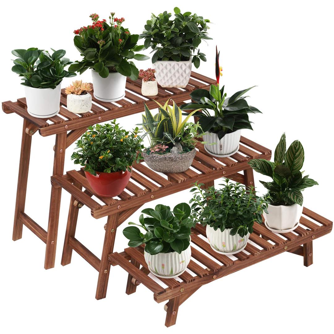 Ufine Freestanding 3 Tier Ladder Shelf Wood Plant Stand Indoor Outdoor Plant Display Rack Flower Pot Holder Planter Organizer