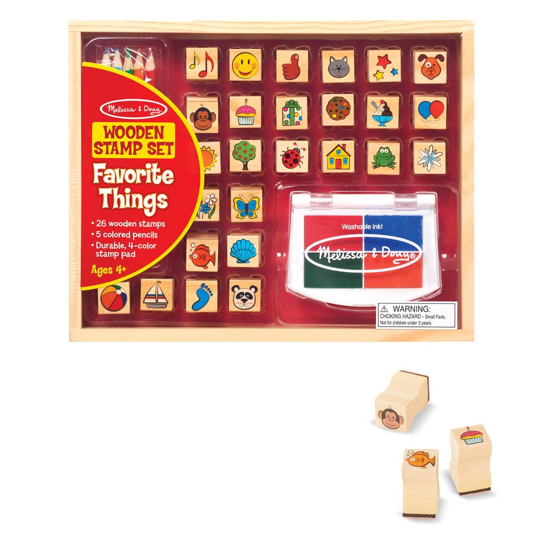 Melissa & Doug Wooden Stamp Set, Favorite Things - 26 Stamps, 4-Color Stamp Pad With Washable Ink For Art Projects For Kids Ages 4+