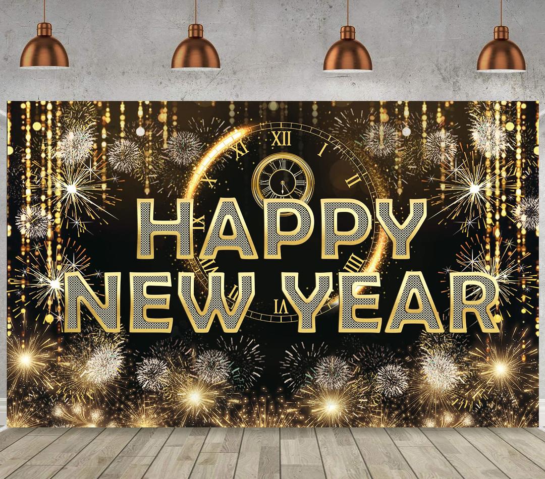 HAPPY NEW YEAR Hanging Extra Large Fabric Sign Poster Black Background Banner with Firework Pattern for New year Party Decorations