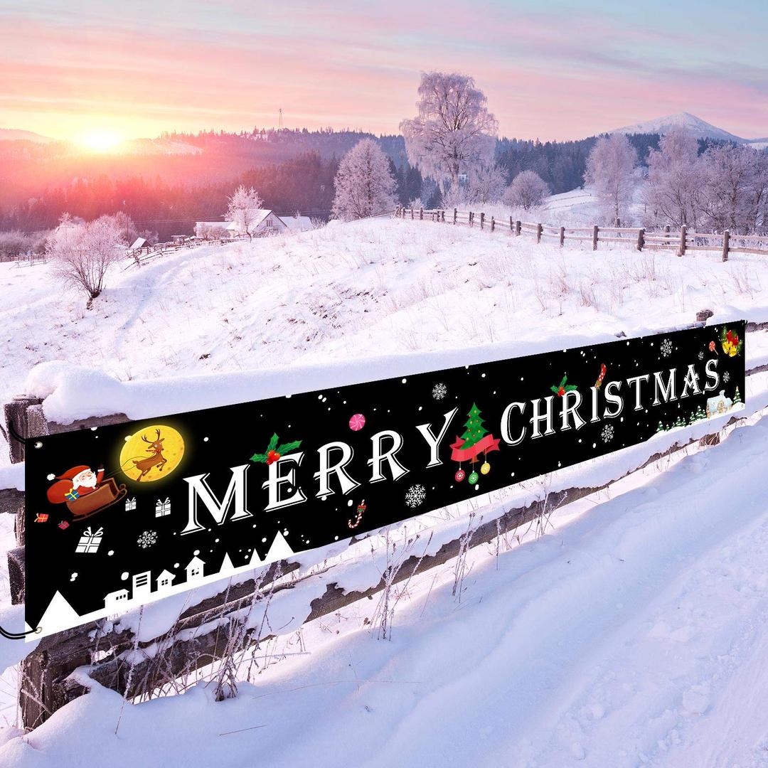 Merry Christmas Banner, Black Large Signs Outdoor Christmas Decorations for Yard Wall Party Home Decor Xmas Ornaments