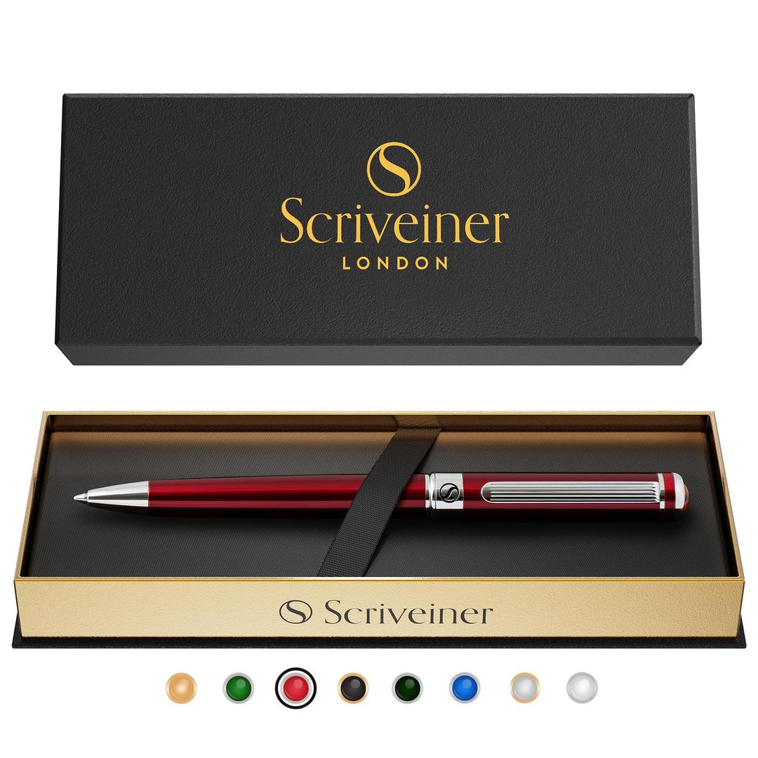 ScriveinerDeep Crimson Ballpoint Pen - Stunning Red Lacquer Luxury Pen, Chrome Finish, Schmidt Black Refill, Best Ball Pen Gift Set for Men & Women, Professional Executive Office, Nice Designer Pen