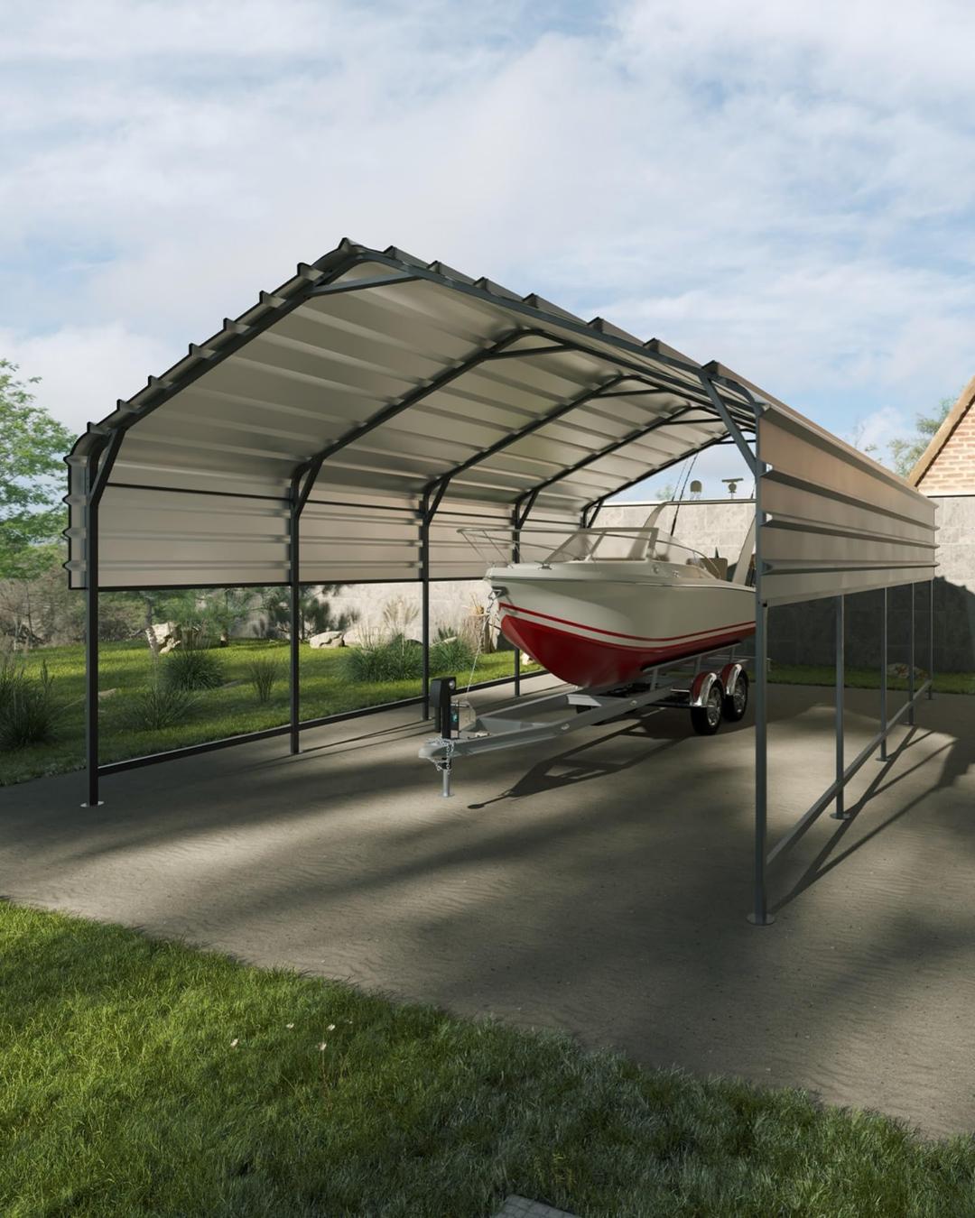 21' x 13' x 10' Metal Carport Heavy Duty, 27 Ga. Steel Roof and 16 Ga. Reinforced Frame, Permanent Shed for Agricultural Machinery, Carport for Cars, Boats, Trucks, and Tractors