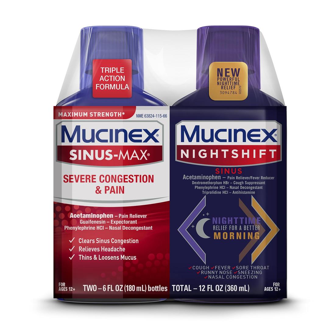 MucinexMaximum Strength Sinus-Max Severe Congestion & Pain & Nightshift Sinus Liquid, 6 Fl Oz (Pack of 2)