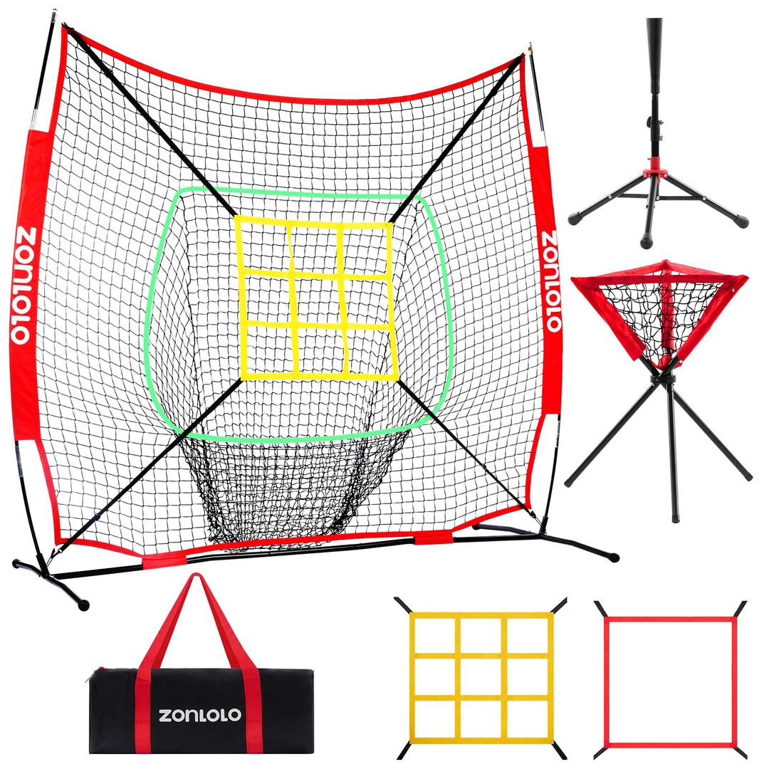 6x6ft Portable Baseball & Softball Net for Hitting，Pitching and Throwing, with Sturdy Bow Frame,Battting Tee,Ball Caddy and 2 Strike Zones, Perfect Pitching net for Kids!