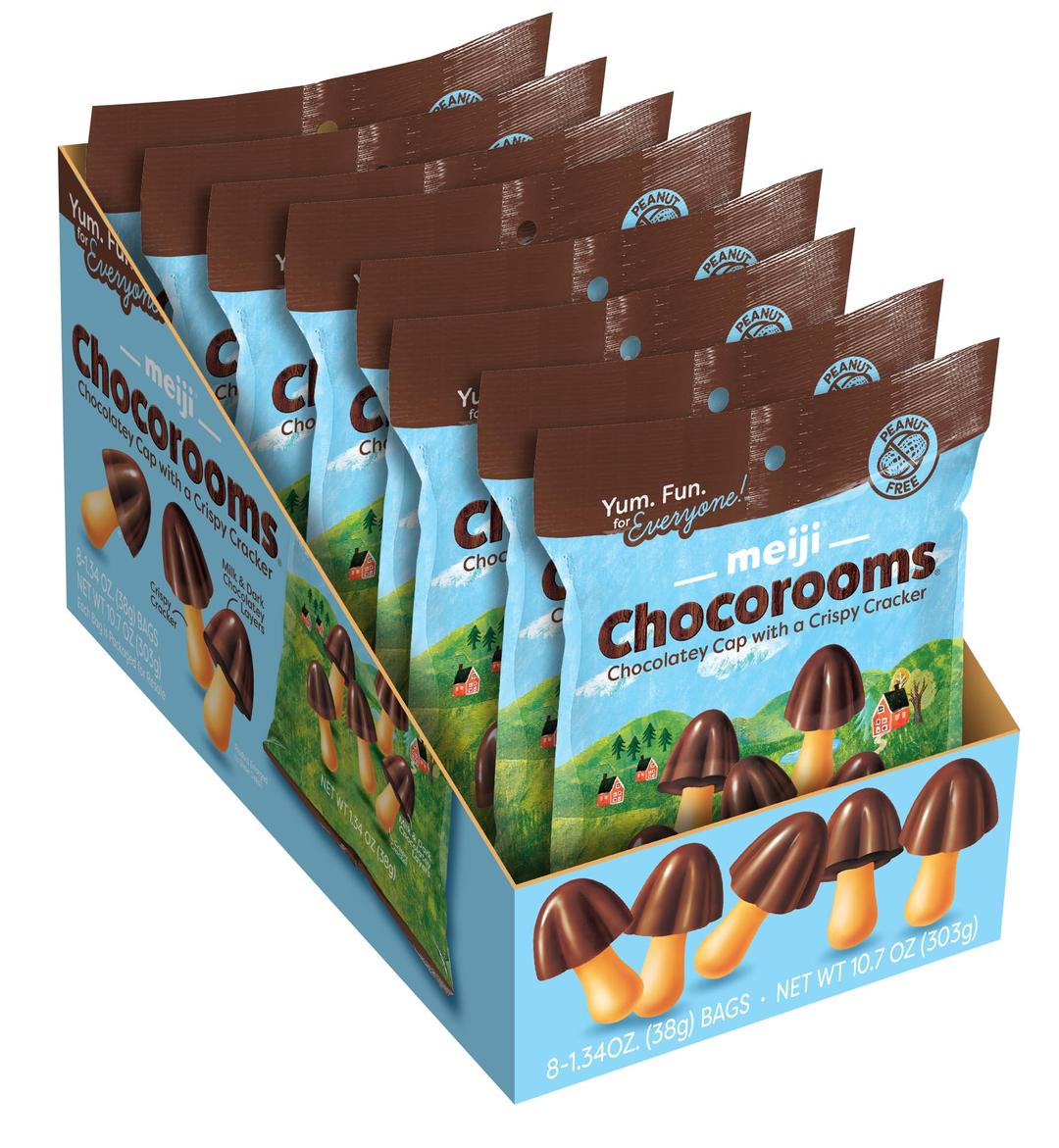 Meiji Chocorooms Crispy Crackers, Milk and Dark Chocolate Combination - 1.34 oz, Pack of 8 - Bite Sized Crackers in Fun Mushroom Shapes