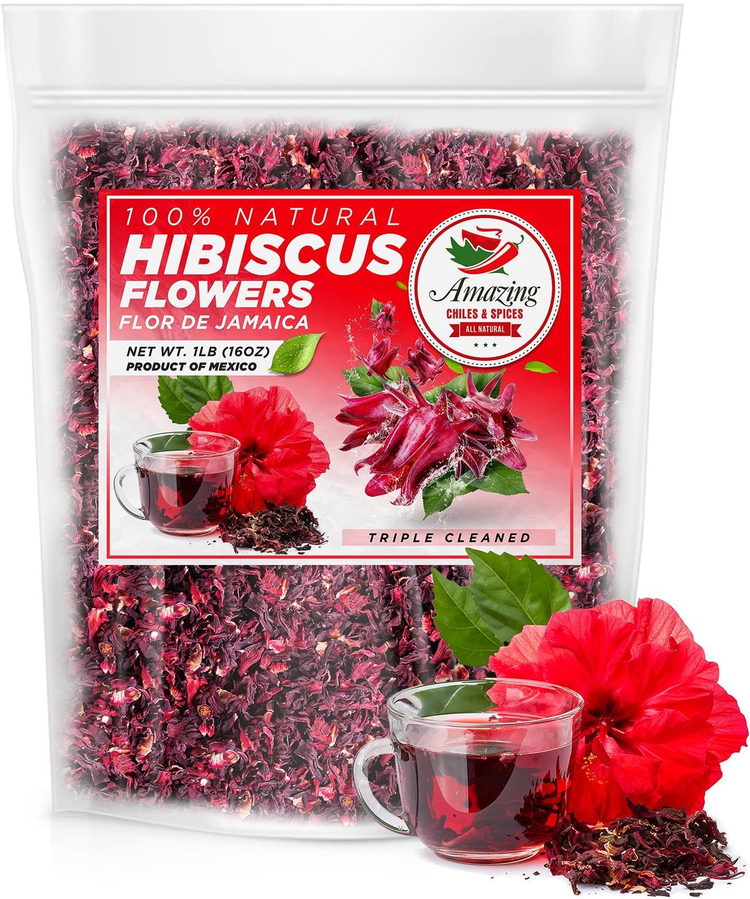 Hibiscus Flowers 2lb (32oz) – All Natural, Triple Cleaned - Whole Soft Flowers and Petals - Flor de Jamaica. Great for Hot or Iced Tea and Agua Fresca. By Amazing Chiles and Spices