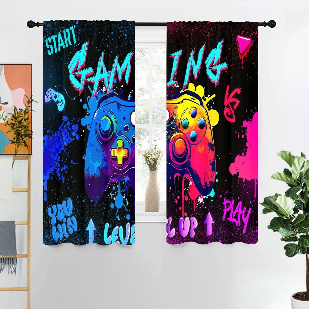 Gaming Curtains 42" W x 63" L Graffiti Gamepad for Gamer Boys Kids Teen Colorful Splashed Ink Cute Game Controller Playroom Living Room Bedroom Window Drapes Treatment Fabric 1 Pair