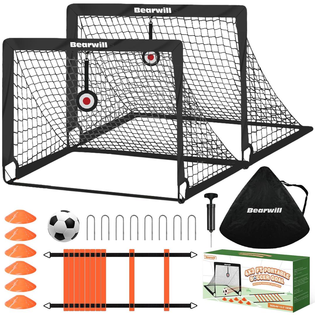 Soccer Goal, Kids Soccer Goals for Backyard Set of 2, 4x3ft Portable Soccer Goal Pop Up Soccer Net, Kids Soccer Net for Backyard Training Equipment with Soccer Ball, Ladder, Cones, Targets