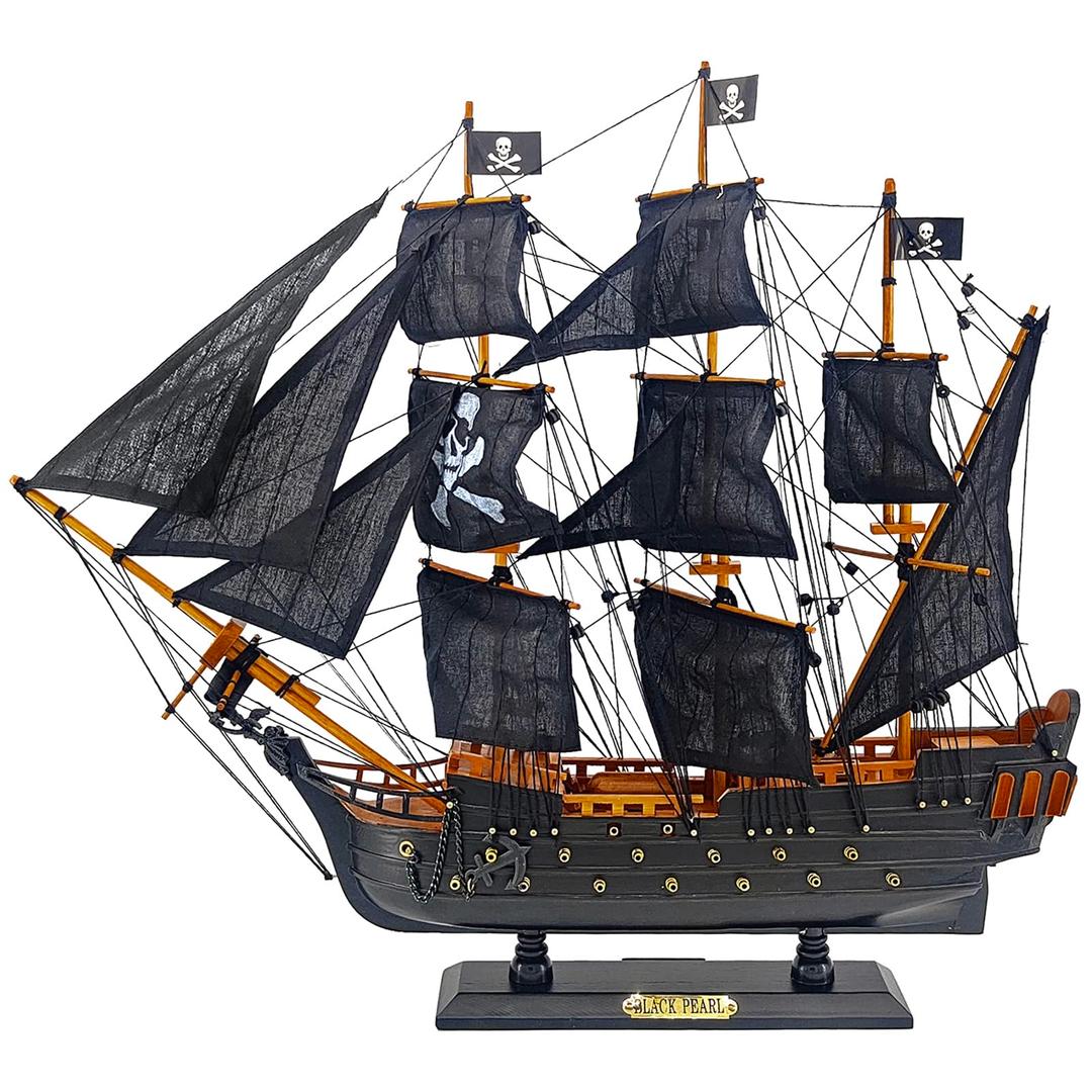 The Black Pearl Wooden Pirate Ship Model 20" Prebuilt Caribbean Nautical Sailboat Decor