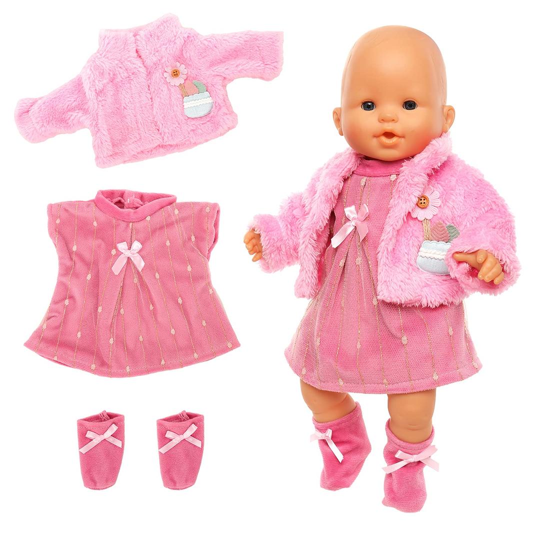 Baby Doll Clothes Casual Cute Pink Suit with Dress Coat Socks Suitable for 14-16 inch Dolls 3-Piece Set