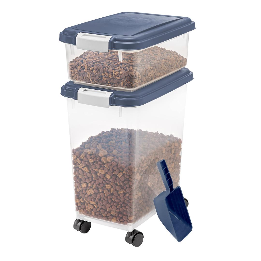 IRISUSA Dog Food Storage Container, 30 lbs & 11 lbs Combo, Cat Food Storage Container, Dog Treat Container, Airtight, Stackable, 2-Cup Scoop, Wheels, Easy Mobility, Blue Moon