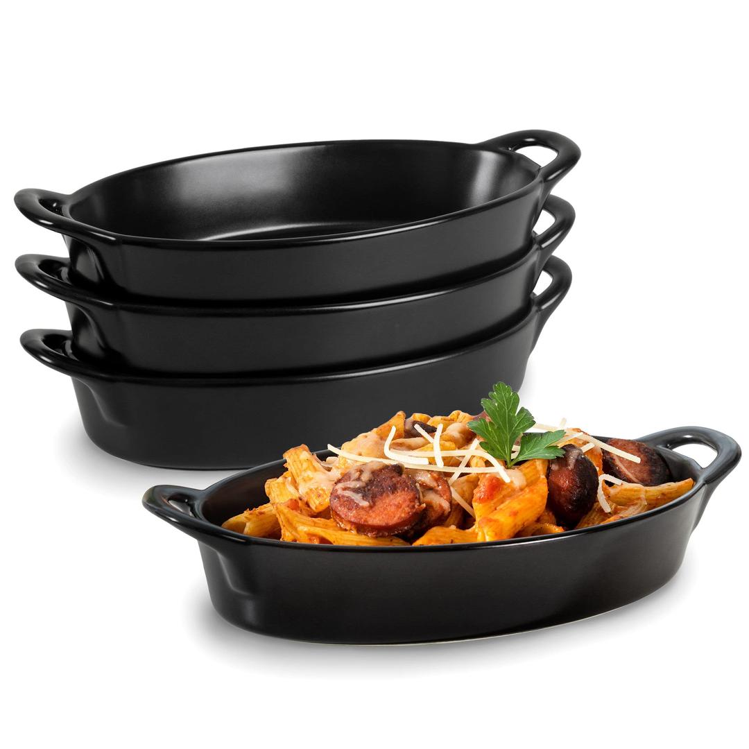 Oval Au Gratin Baking Dishes for Oven Safe and Microwave Cooking and Baking, 4 Pc. Dish Set, Heat Resistant Ceramic with Handles for Serving, Small Mini Casserole Dish, 8” x 5”, 16 oz, Matte Black