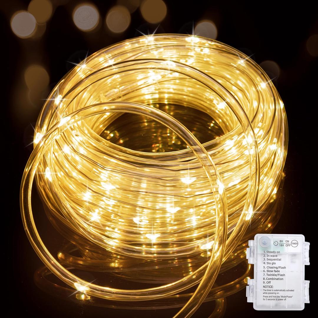 Minetom String Lights Battery Operated, 33FT 100 LED Outdoor Rope Lights Battery Operated, Christmas String Lights with Timer, 8 Mode, Christmas Rope Lights for Outside Bedroom Indoor, Warm White