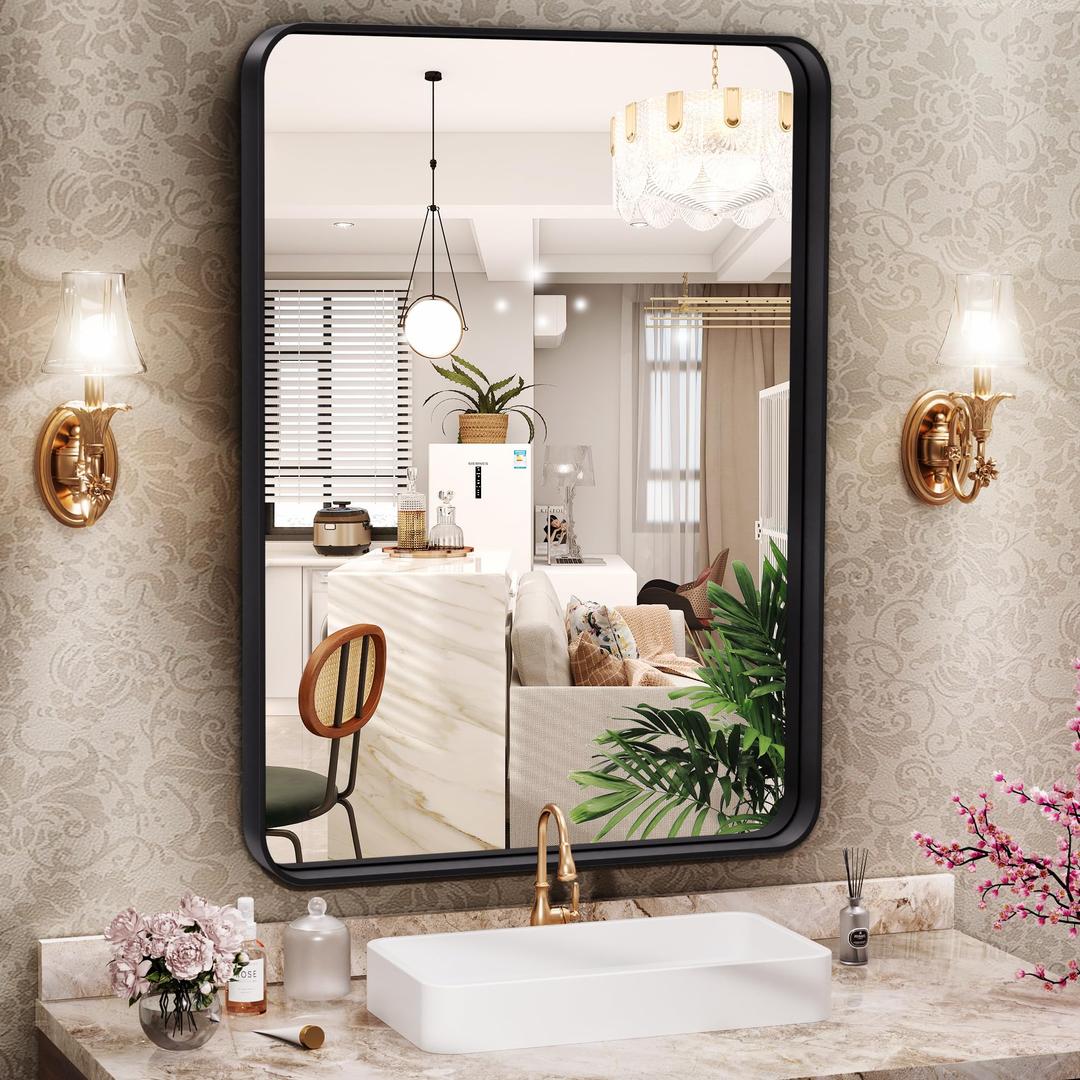 Hasipu Black Bathroom Mirror 20×24 Inch Rounded Rectangle Vanity Mirror Metal Framed Wall Mirrors Anti-Rust Surface Mount (Horizontal/Vertical)