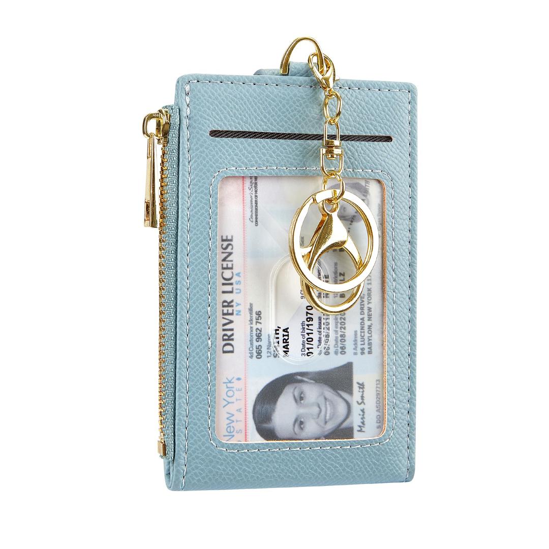 CynureWomen & Men Leather RFID Blocking Card Holder Slim Small Zipper Keychain Front Pocket Wallet with 2 ID Window,light blue