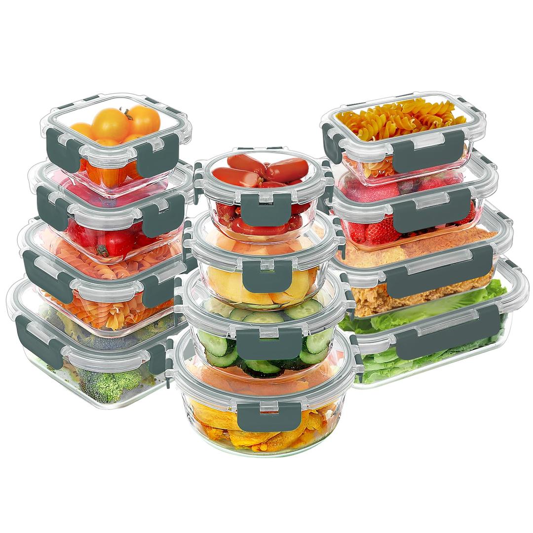 VERONES 24 Pieces Glass Food Storage Containers Set, Airtight Glass Lunch Containers, Glass Meal Prep Containers with Lids,Exclusive of BPA, for Microwave, Oven, Freezer & Dishwasher Friendly,Grey