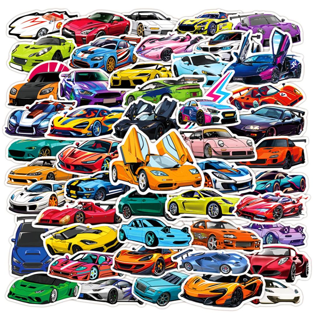 50PCS Super car Stickers for Kids, Racing Car Stickers, Sports Car Stickers, Color Waterproof Stickers, Stickers Suitable for Water Bottles, Laptops, Skateboard,Helmet Cool Stickers (Colours)