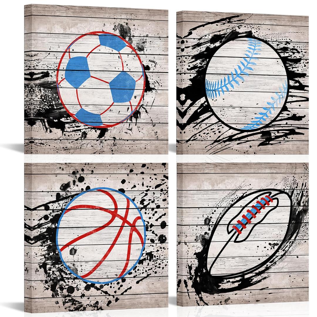 Artsbay Sports Canvas Wall Art Soccer Football Basketball Nursery Ball on Rustic Mood Background Pictures Prints Wall Decor for Teen Boys Girls Bedroom Living Room Playroom