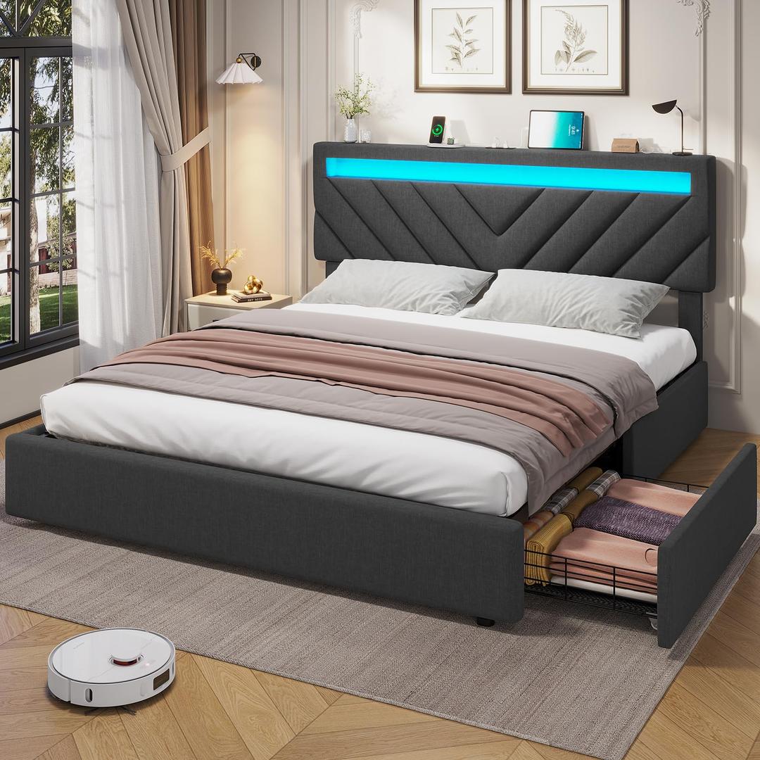 ADORNEVEFull Size LED Bed Frame with 4 Drawers, Platform Bed Frame with 2 USB Charging Station, Upholstered Bed with Storage, No Box Spring Needed, Easy Assembly, Dark Grey