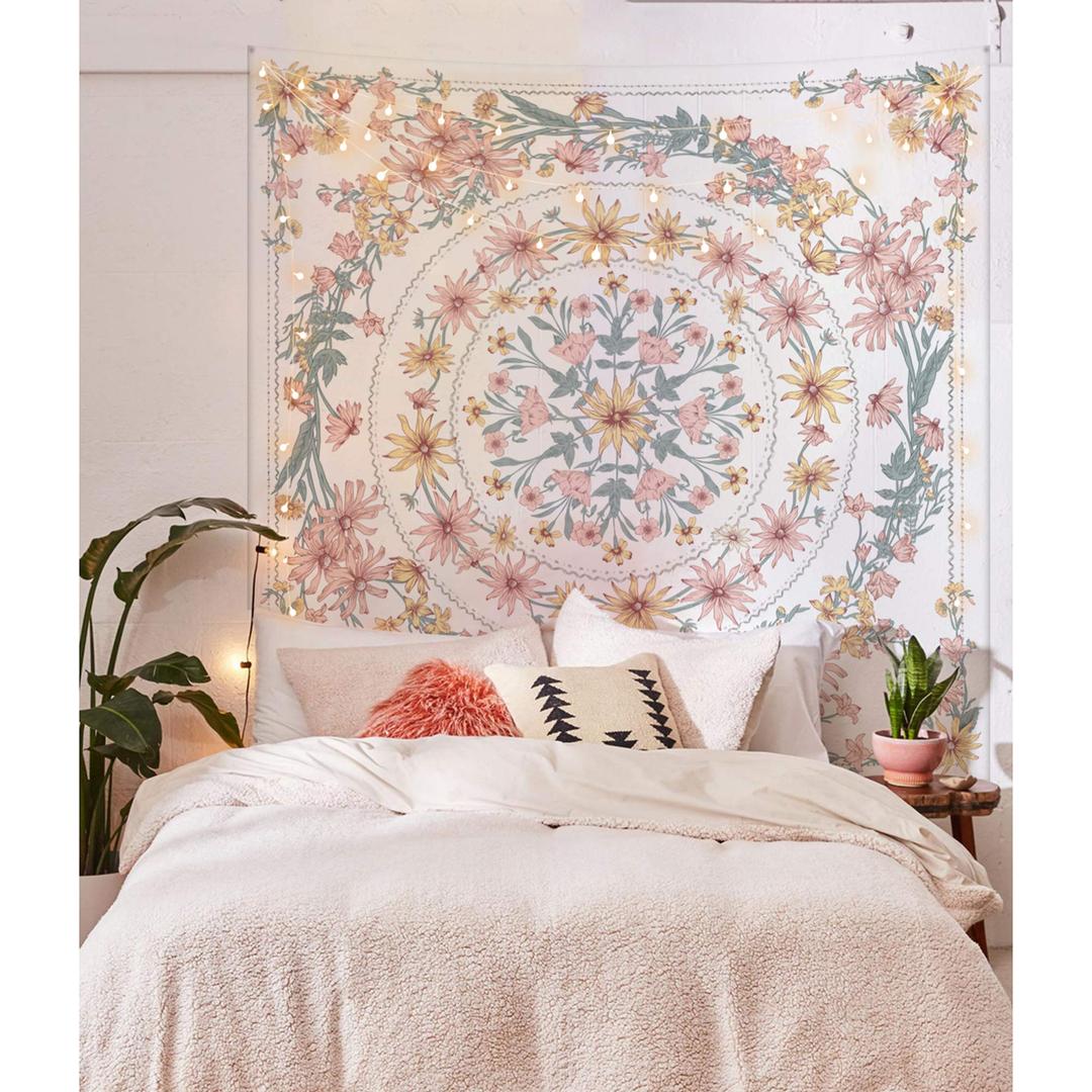 Simpkeely Mandala Floral Medallion Tapestry, Sketched Flower Plant Boho Wall Hanging, Bohemian Hippie Tapestries for Bedroom Living Room Dorm Home Décor - 150cm x 200cm (RosyBrown)