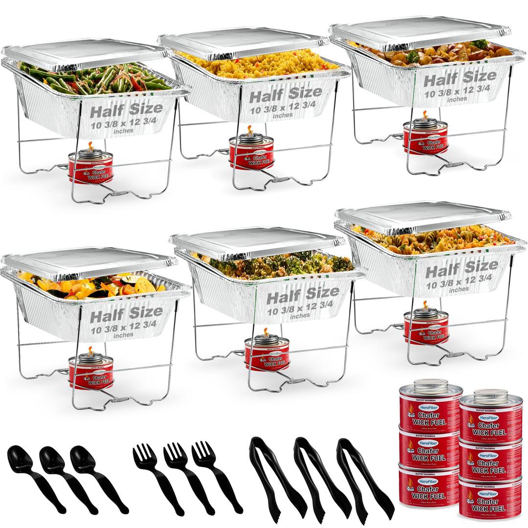 Disposable Chafing Dish Buffet Set, Food Warmers for Parties, Catering Supplies Buffet Display, Complete Premium Set, Half Size Single Pan, Warming Trays (6 Pack)