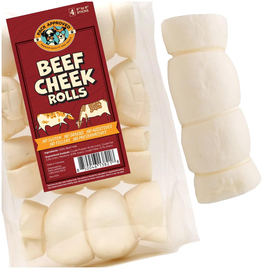 Beef Cheek Rolls for Dogs - Natural & Odor-Free Dog Rawhide Chews - 5 to 6 Inch Medium Beef Hide Dog Chews - 4 Pack