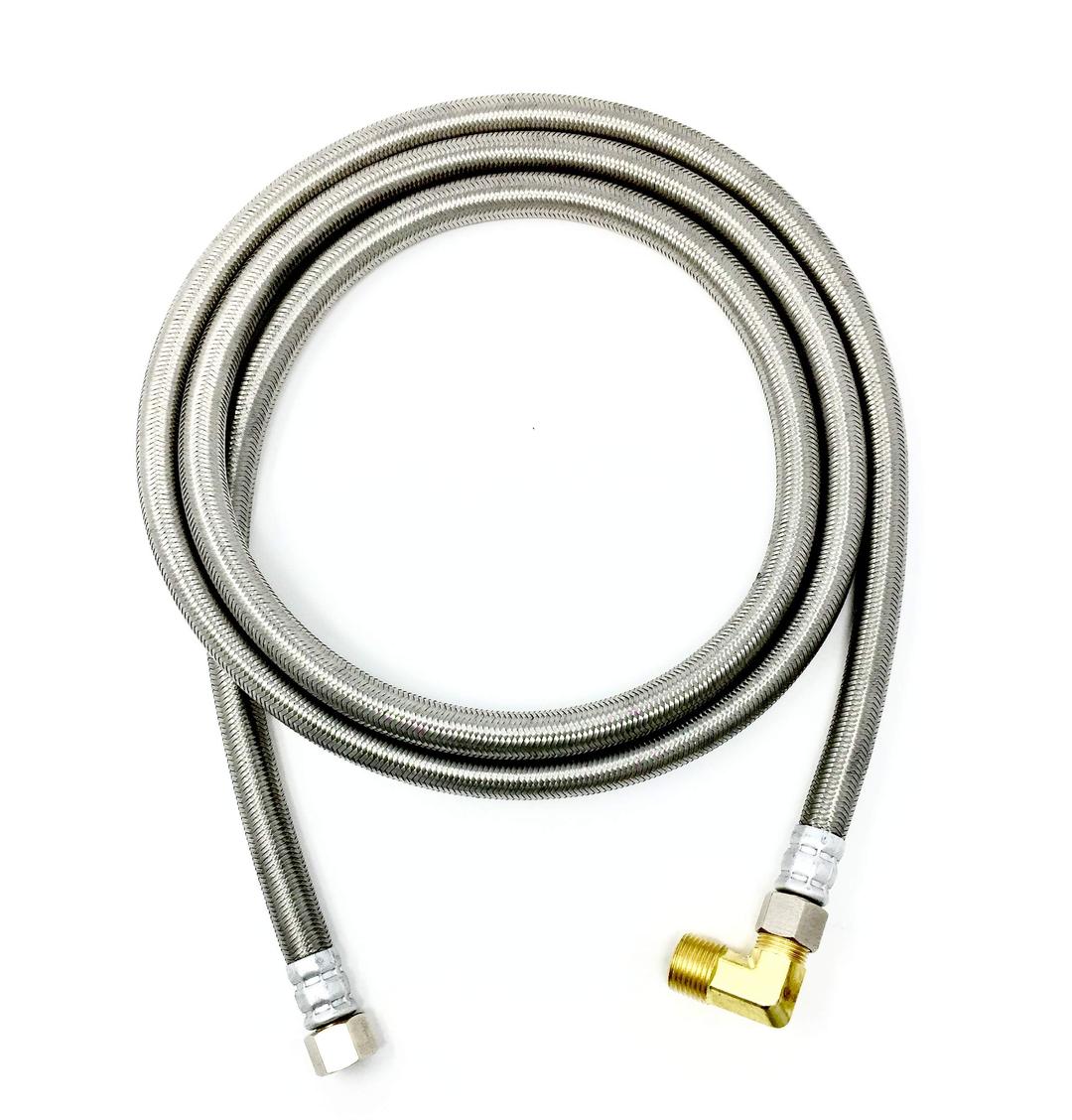 Premium Stainless Steel Dishwasher Hose - 6 FT No-Lead Burst Proof Water Supply Line 3/8" comp x 3/8" comp with attached 90 degree 3/8" comp x 3/8" MIP elbow - 10 year warranty