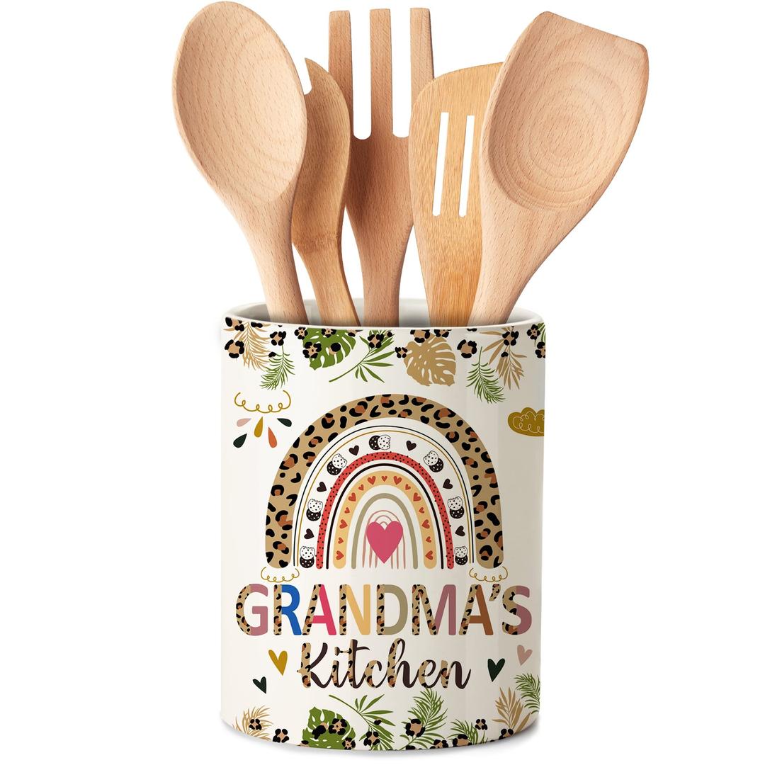 Rabbitable Gifts for Grandma Utensil Holder-Cooking Tools Mothers Day Grandma Gifts For Kitchen-Great Gifts for Grandma Modern Farmhouse Ceramic Utensil Crock with Non-slip mat for Christmas