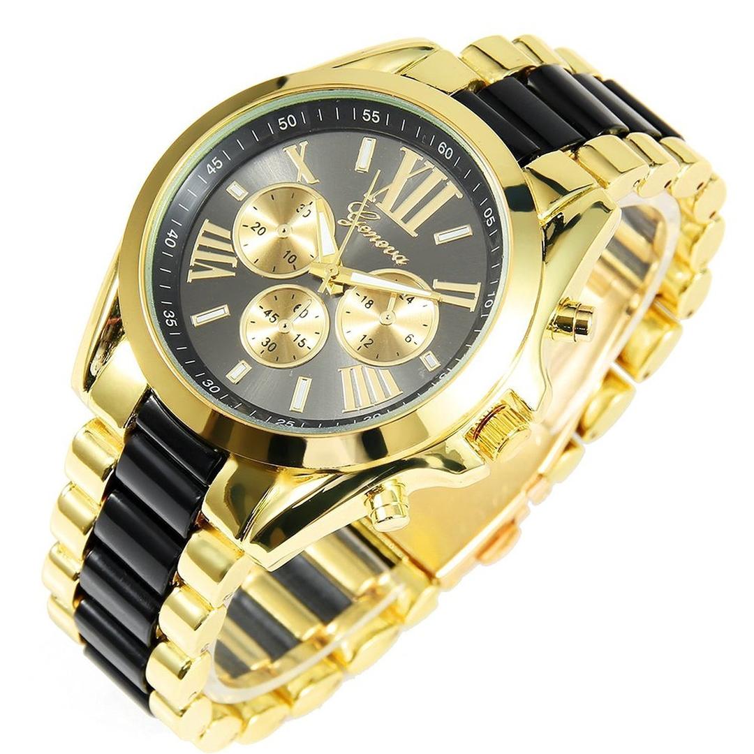 2014FashionwatchNew Mens Gold Black Luxury Men Classic Stainless Steel Gold Dial Quartz Analog Bangle Wrist Watch