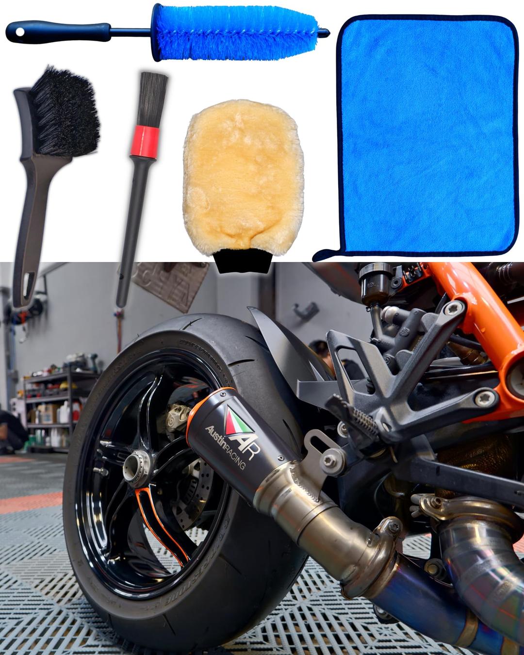 Motorcycle Cleaning Brush Kit, Easy Reach Brush, Wool Wash Mitt, Stiff Tire Brush, Detailing Brush& Microfiber Towel for Motorcycle Mudguard, Rims, Paint, Exhaust