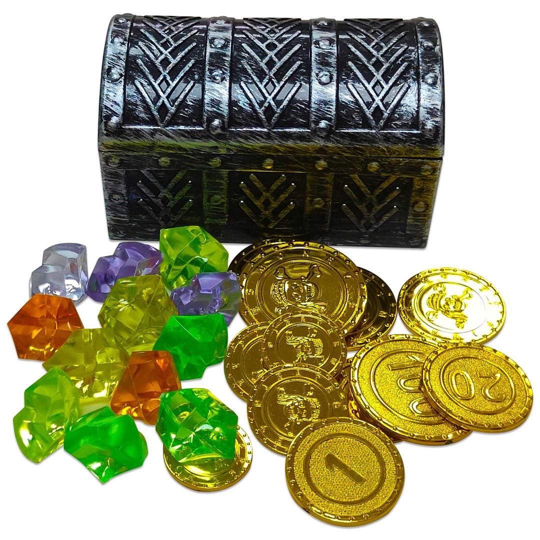 Kids Mini Pirate Treasure Chest Toys - Small Pirate Chest Toy Set Party Favors Supplies for Boys Girls Party (Includes 12 Plastic Gold Coins + 12 Gemstones)