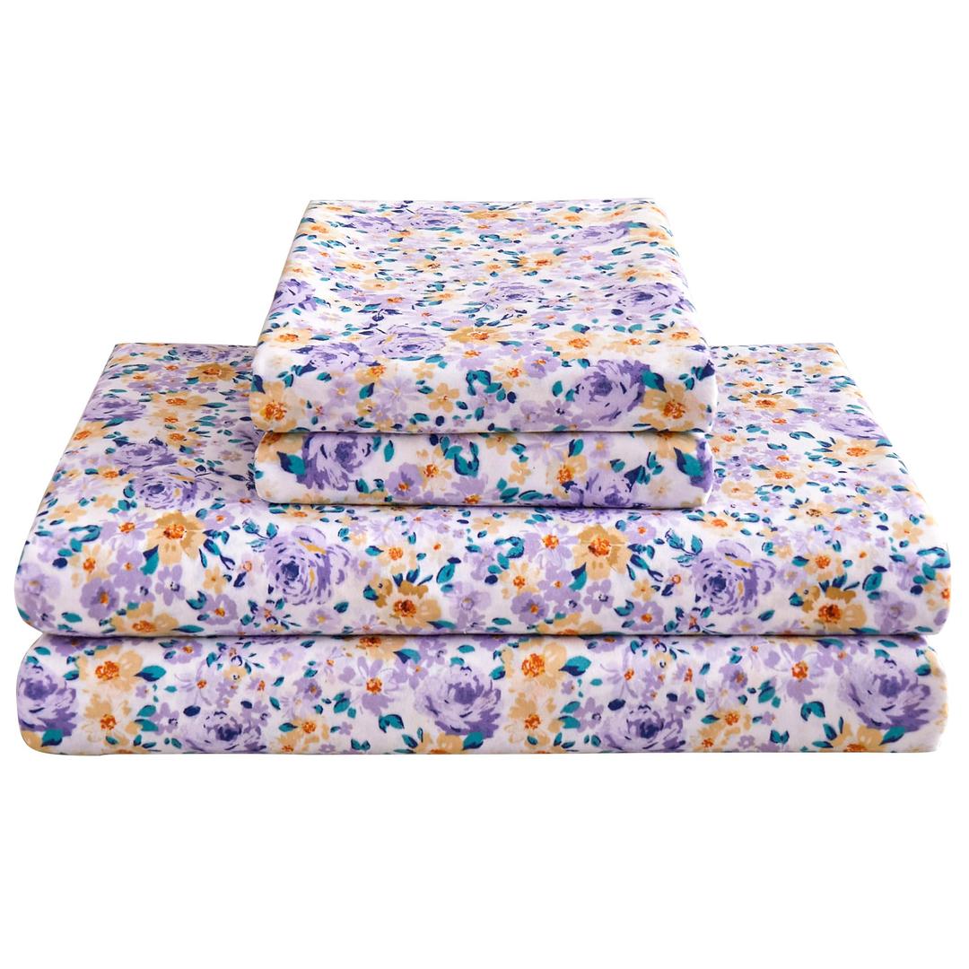 Mooreeke Floral Queen Bed Sheets, Soft Microfiber Printed Bedding Sheets & Pillowcases, Deep Pocket Non-Slip Vintage Queen Sheet, Purple Yellow Flower Pattern Bedsheets