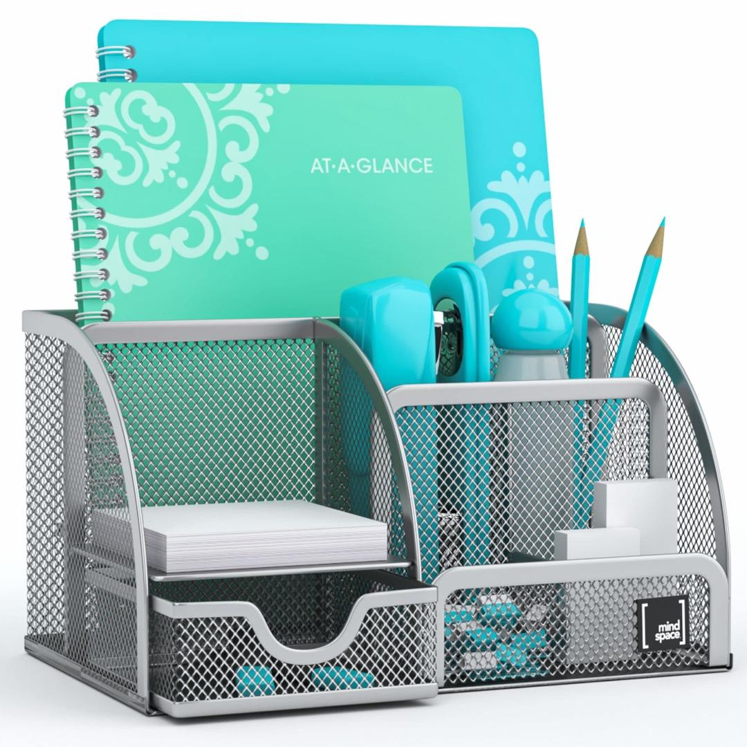 Mindspace Office Desk Organizer with 6 Compartments + Drawer + Pen & Pencil Holder | The Mesh Collection, Silver