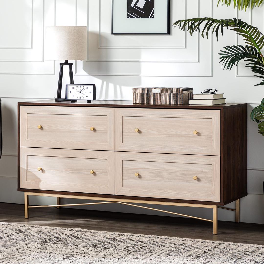 Walker Edison Morgan Contemporary Wood and Metal 4 Drawer Chest with Gold Accents, 56 Inch, Dark Walnut and White Poplar