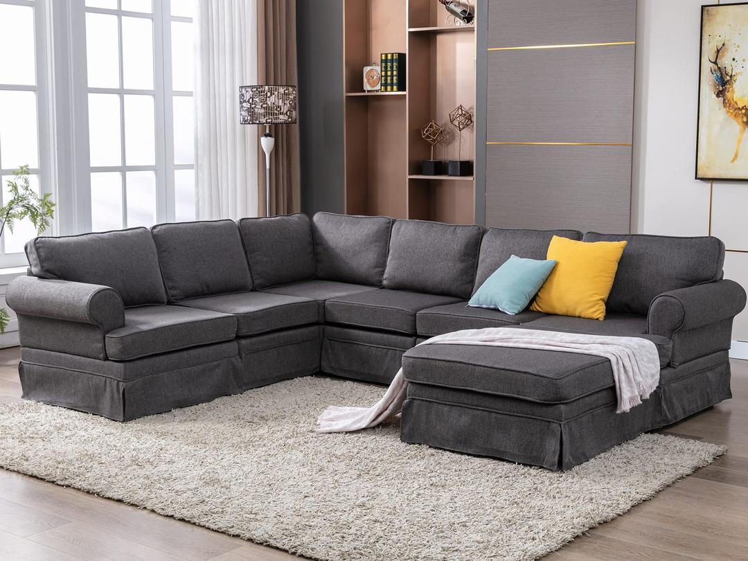 MeraxFabric Upholstered Living Room Sectional Sofa Set, Modular Customization Couch with Removable Ottoman, Dark Gray_U Shaped