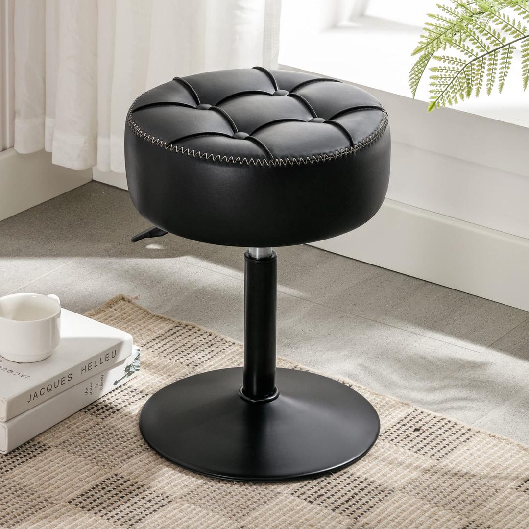 LUE BONA Adjustable Vanity Stool, 360°Swivel Vanity Chair Stool for Makeup Room, Black Stool Chair for Vanity, Small Faux Leather Vanity Stool for Bathroom, Living Room